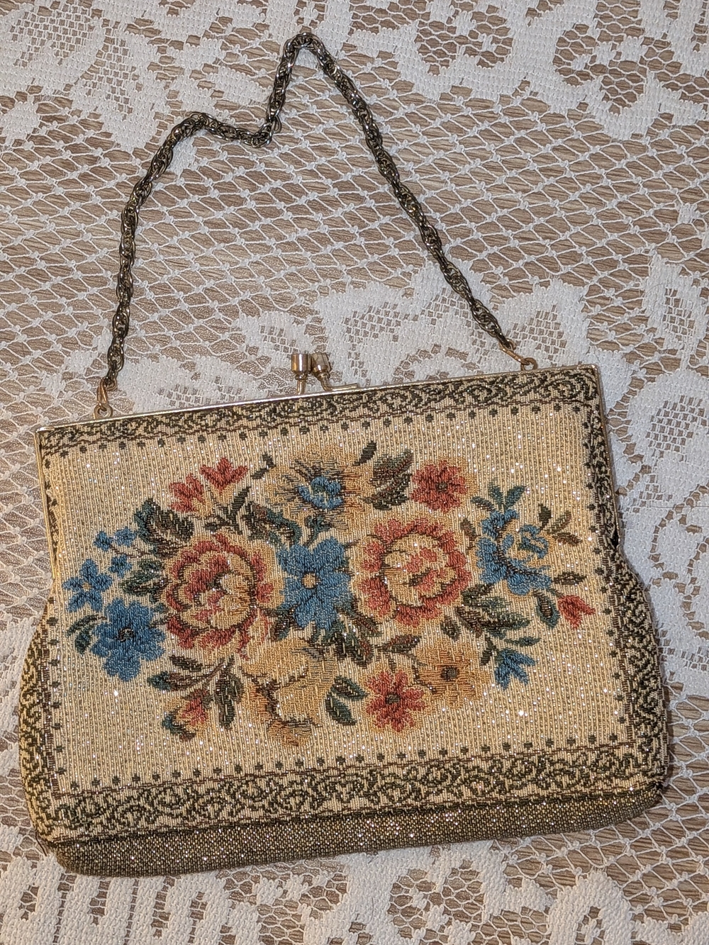 Vintage Floral Beaded Handbag in Cream and Multicolor